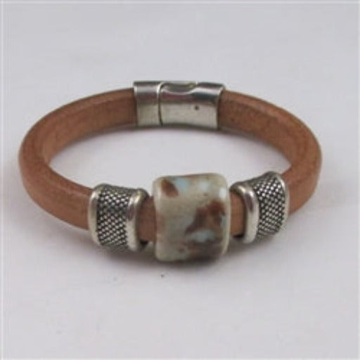 Natural Leather Bracelet with Handmade Ceramic Focus - VP's Jewelry 