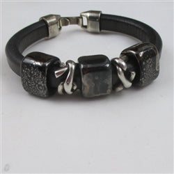 Black Leather Bracelet with Handmade Ceramic Accents in a Plus Size - VP's Jewelry 
