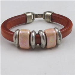 Orange Leather Bracelet with Silver and Ceramic Accents - VP's Jewelry 