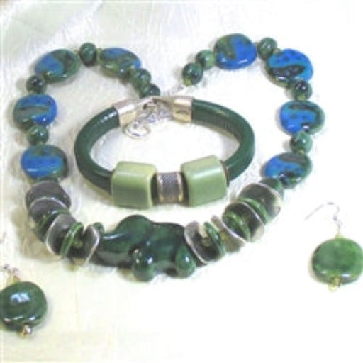 Designer Kazuri Green Elephant Necklace Earring & Leather Bracelet - VP's Jewelry 