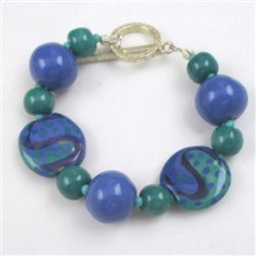 Big Bold Kazuri Bracelet in Blue and Peacock Fair Trade Bead - VP's Jewelry 