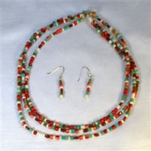 Turquoise, Red & Amber Bead Multi-strand Necklace & Earrings - VP's Jewelry