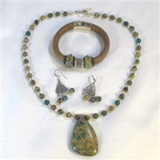 Aqua Terra Jasper Necklace Earrings and Leather Bracelet - VP's Jewelry