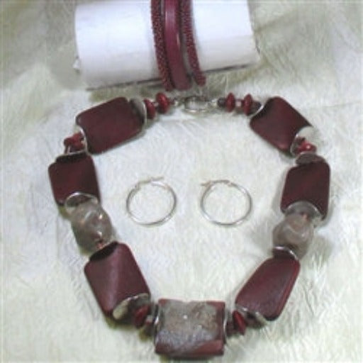 Handmade Raku, Wood and Licorice Leather Set in Maroon - VP's Jewelry