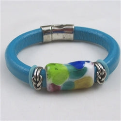 Turquoise Leather Bracelet with a Multi-colored Handmade Accent - VP's Jewelry