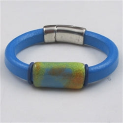 Bright Blue Leather Bracelet with Handmade Multi Colored Slide - VP's Jewelry