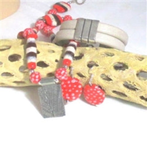 Melon Kazuri Necklace Earring and Regaliz Leather Bracelet - VP's Jewelry  