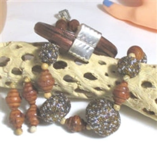 Wood and Beaded Bead Necklace Earrings and Leather Bracelet - VP's Jewelry  