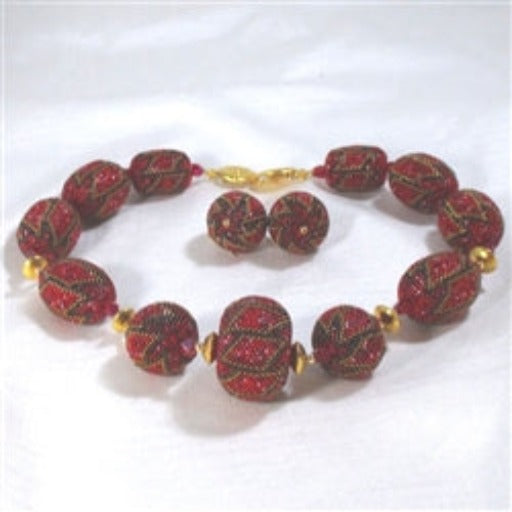 Exotic & Elegant Big Red Bead Dressy Necklace and Earrings - VP's Jewelry