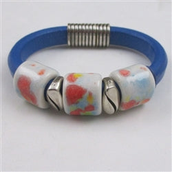 Bright Blue Leather Cord Bracelet with Handmade White Accents - VP's Jewelry