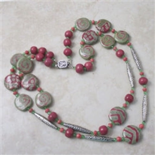 Fair trade double strand Kazuri necklace in rose & green