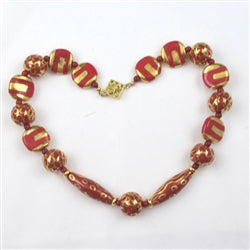 Chunky Red and Gold Fair Trade Bead Necklace Kazuri - VP's Jewelry