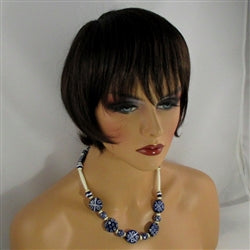 Buy fair trade beads in a navy and white Kazuri necklace