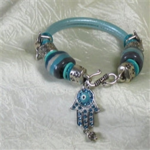 Aqua Leather Bracelet with Kazuri Bead Large hole - VP's Jewelry