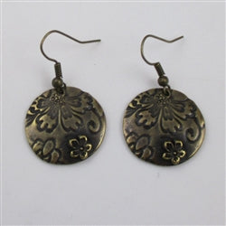 Antique Brass Embossed Floral Disk Earrings - VP's Jewelry