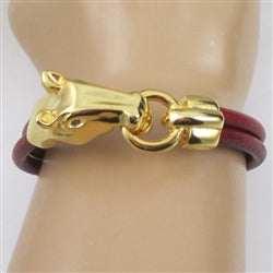 Red Leather with Gold Horse Head Men's Bracelet - VP's Jewelry