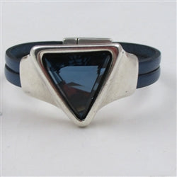 Dark Blue Leather Cuff Bracelet with Large Swarovski Crystal Focus - VP's Jewelry