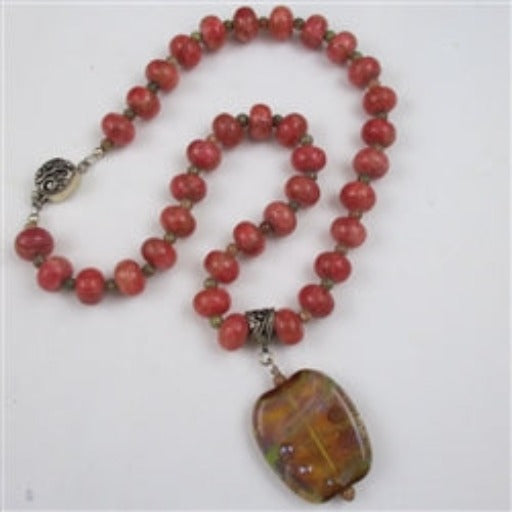 Pink Gemstone and Handmade Lampwork Pendant Necklace - VP's Jewelry