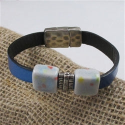 Blue Leather Bracelet Handmade Ceramic - VP's Jewelry