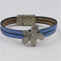 Metellic Blue Flat Leather Bracelet with Dorabeth Pewter Simple Flower - VP's Jewelry