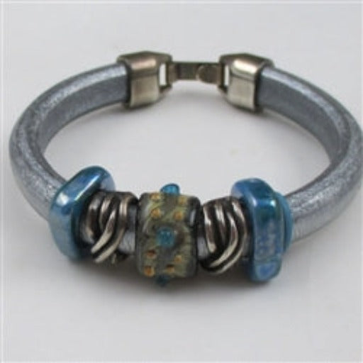 Silver Leather Bracelet with Ceramic Accents - VP's Jewelry