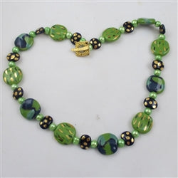 Fair Trade Kazuri Necklace Apple Green and Midnight Blue Kazuri Beads - VP's Jewelry