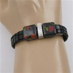 Black Leather Bracelet with Handmade Ceramic Accents - VP's Jewelry