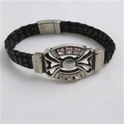 Black Leather Bracelet with Bold Silver Accent - VP's Jewelry