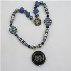 Green Blue and Black Kazuri Handmade Pendant Necklace - VP's Jewelry