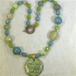Ceramic Pendant Necklace in Celery and Teal Handmade Ceramic Beads - VP's Jewelry 