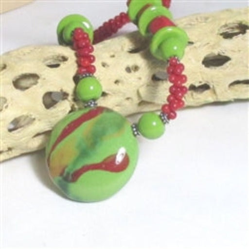 Red & Green Handmade Kazuri Bead Pendant Necklace - VP's Jewelry