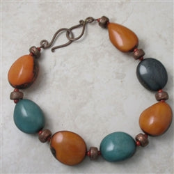 Large Pumpkin and Turquoise Tagua Nut Bead Statement Necklace - VP's Jewelry