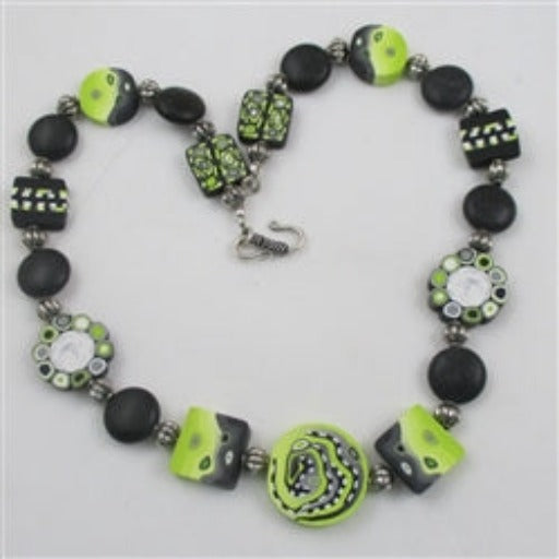 Cool Bead Necklace in Lime and Black Polymer Clay Beads - VP's Jewelry  