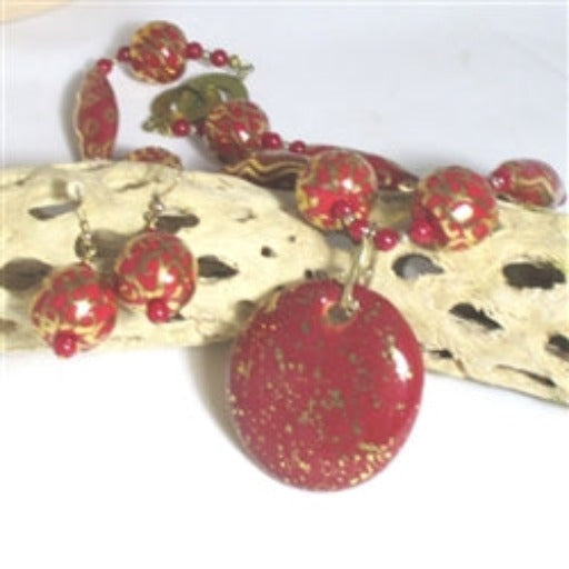 Red Kazuri Necklace and Earrings Handmade Beaded Necklace - VP's Jewelry 