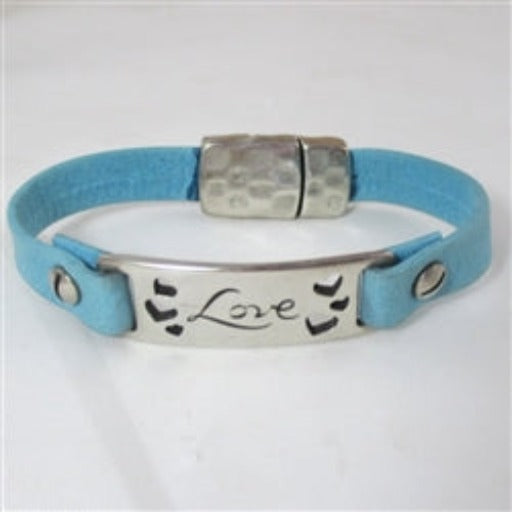 Blue Leather ID Style Bracelet with Love Bar - VP's Jewelry