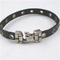 Man's Black Leather Bracelet Eyelet Flat Leather - VP's Jewelry