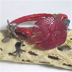 Sea Glass Sand Dollar Red Leather Bracelet - VP's Jewelry