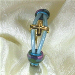 Aqua Leather Cord Bracelet Cross Accents - VP's Jewelry