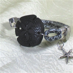 Black Sea Glass Sand Dollar and Silver Leather Bracelet - VP's Jewelry
