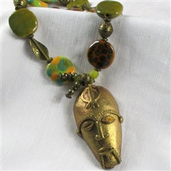Kazuri Bead and Large Brass Pendant Necklace - VP's Jewelry