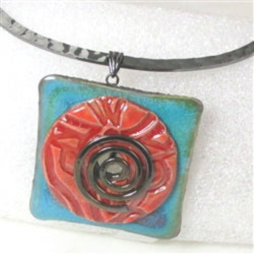 Handmade Coral & Turquoise Raku Glazed Pendant on Gunmetal Choker - VP's Jewelry