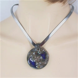 Big Bold Cobalt Blue Handmade Pendant Necklace Raku Gunmetal Neck Wire - VP's Jewelry