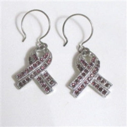 Sparkly purple rhinestone ribbon awareness earrings