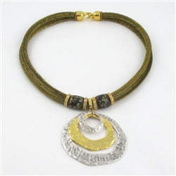 Big Bold Gold & Silver Pendant Necklace Metallic Cord