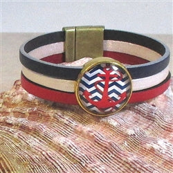 Red White & Blue Leather Bracelet with Anchor Focus - VP's Jewelry