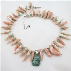 Buy big bold pink coral beads & turquoise pendant necklace