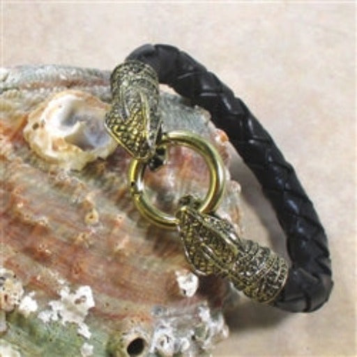 Mens Black Braided Antique Gold Snake Head Leather Bracelet - VP's Jewelry