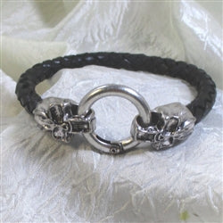 Men Black Leather Bracelet Skull Silver Clasp - VP's Jewelry