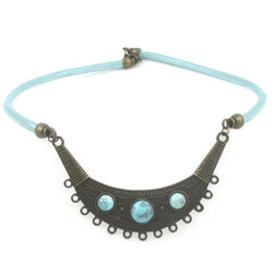 Antique Brass & Aqua Leather Necklace - VP's Jewelry 