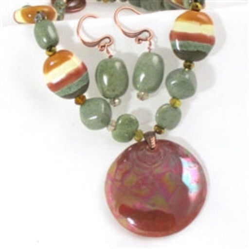 Kazuri Green & Cream Necklace & Earrings Metellic Sunset Pendant - VP's Jewelry